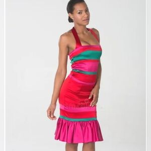 NWT Karen Millen Satin Striped Halterneck Frill Wiggle Dress, size US 4